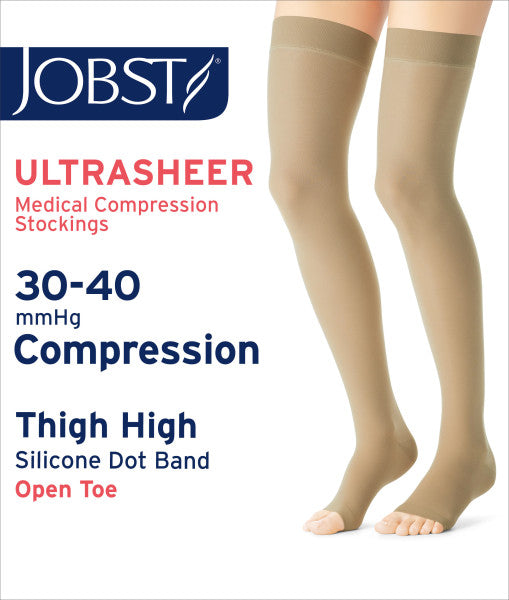 Load image into Gallery viewer, JOBST Women's UltraSheer Thigh High Dot Classic 30-40 mmHg Open Toe - Natural