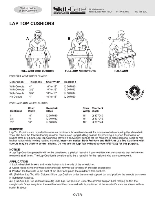 SkiL-Care Lap Top Thick Cushion for Full or Half-Arm Wheelchairs